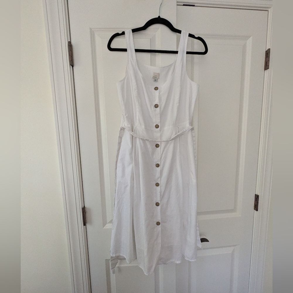 A New Day White Cotton Lined Button Up A Line Summer Dress Size 8 With Waist Tie